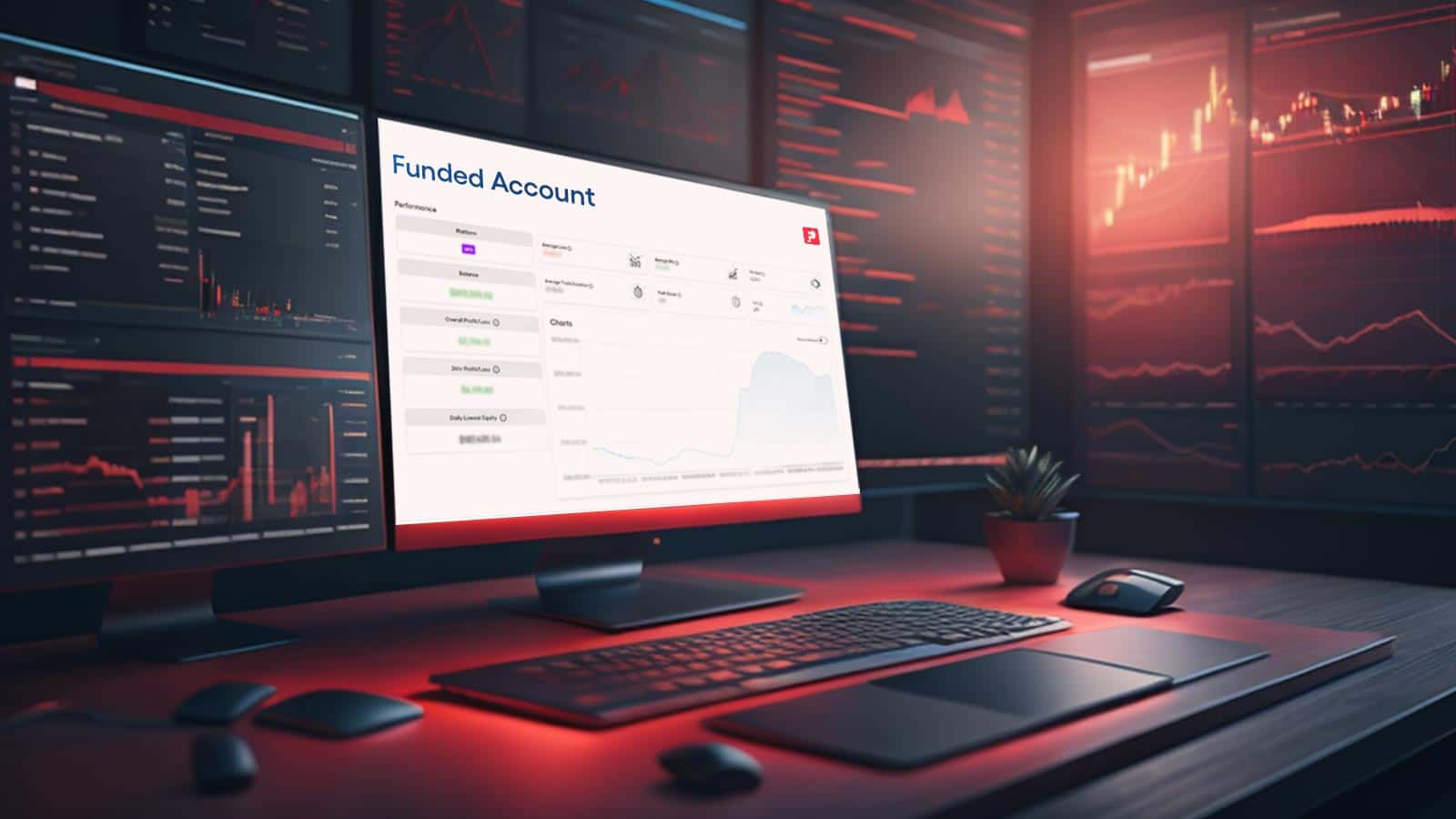 Trader's desk with a prop firm account on screen
